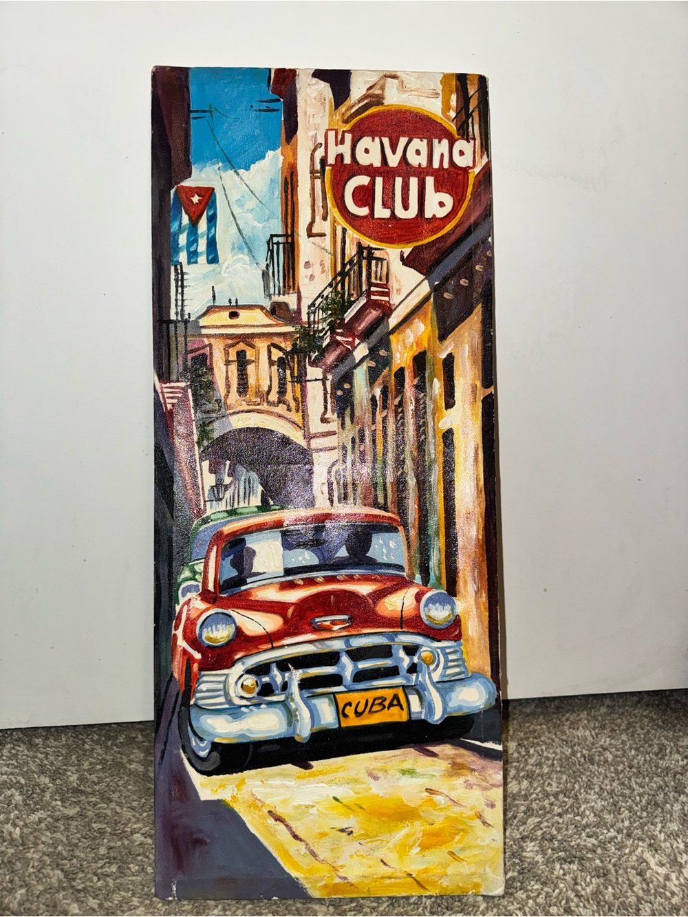 Rare Canvas Cuba Vintage-Style Street Art Panel Red Classic Car Signed 1971